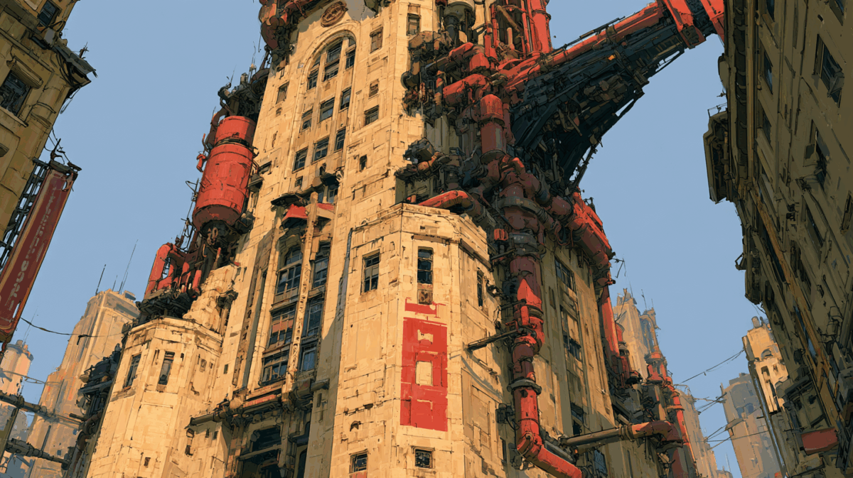 1920年代のアールデコ建築のファサードに、配管とダクトが後付けで大量にこびりついた建築ディテール